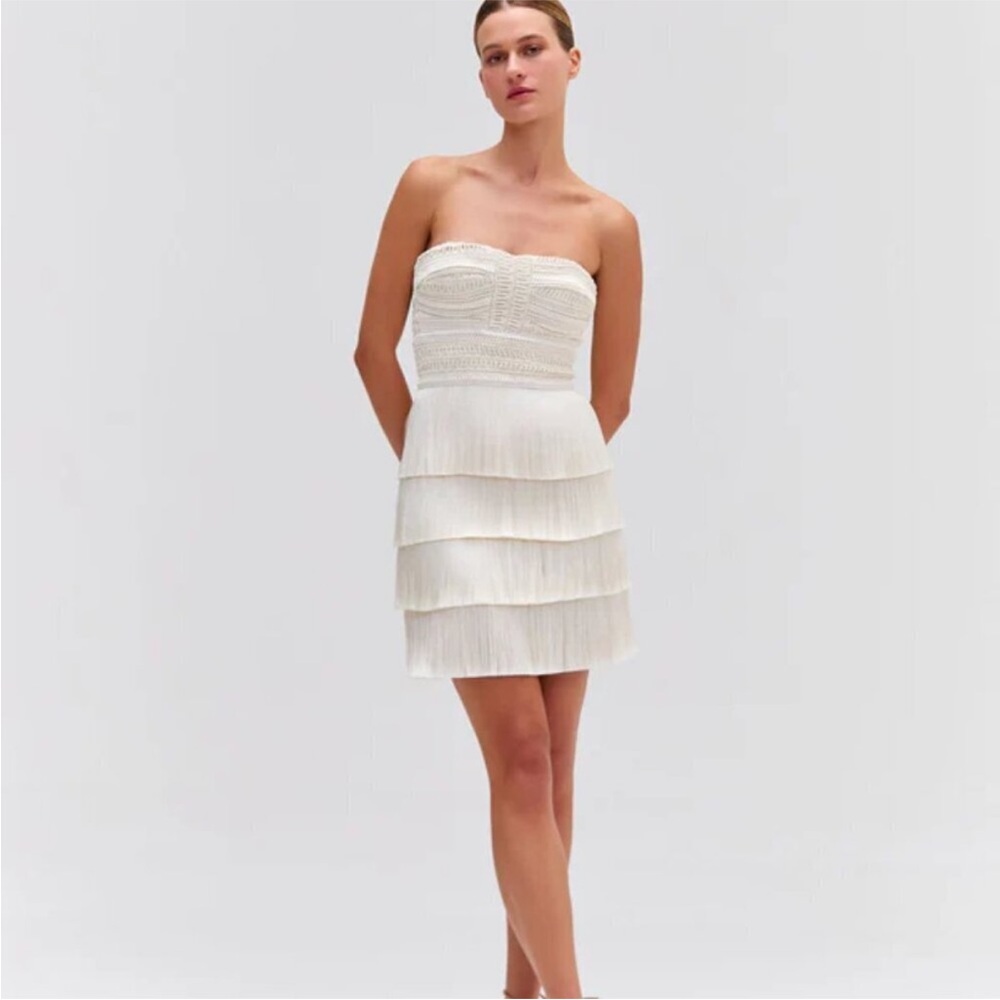 PatBO Natural Crochet Fringe Mini Dress